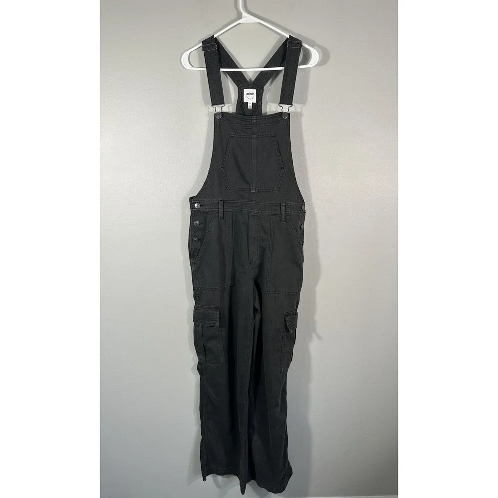 AERIE Overalls Womens Medium Gray Wide Leg Relaxed Fit Comfy Boho - Picture 2 of 12